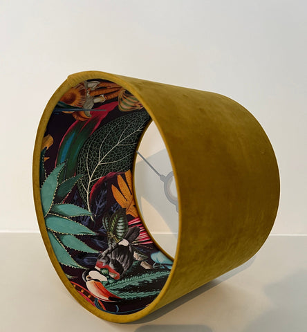 Mustard velvet drum ceiling light shade 30cm height with olive green tropical print and wonderland paper interior