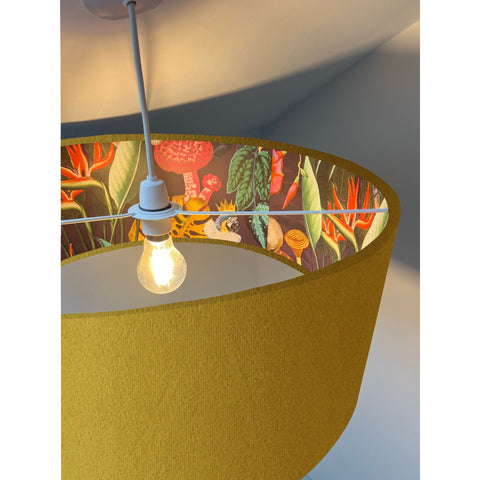 Mustard velvet drum ceiling light shade 30cm height with vibrant wonderland botanical print interior