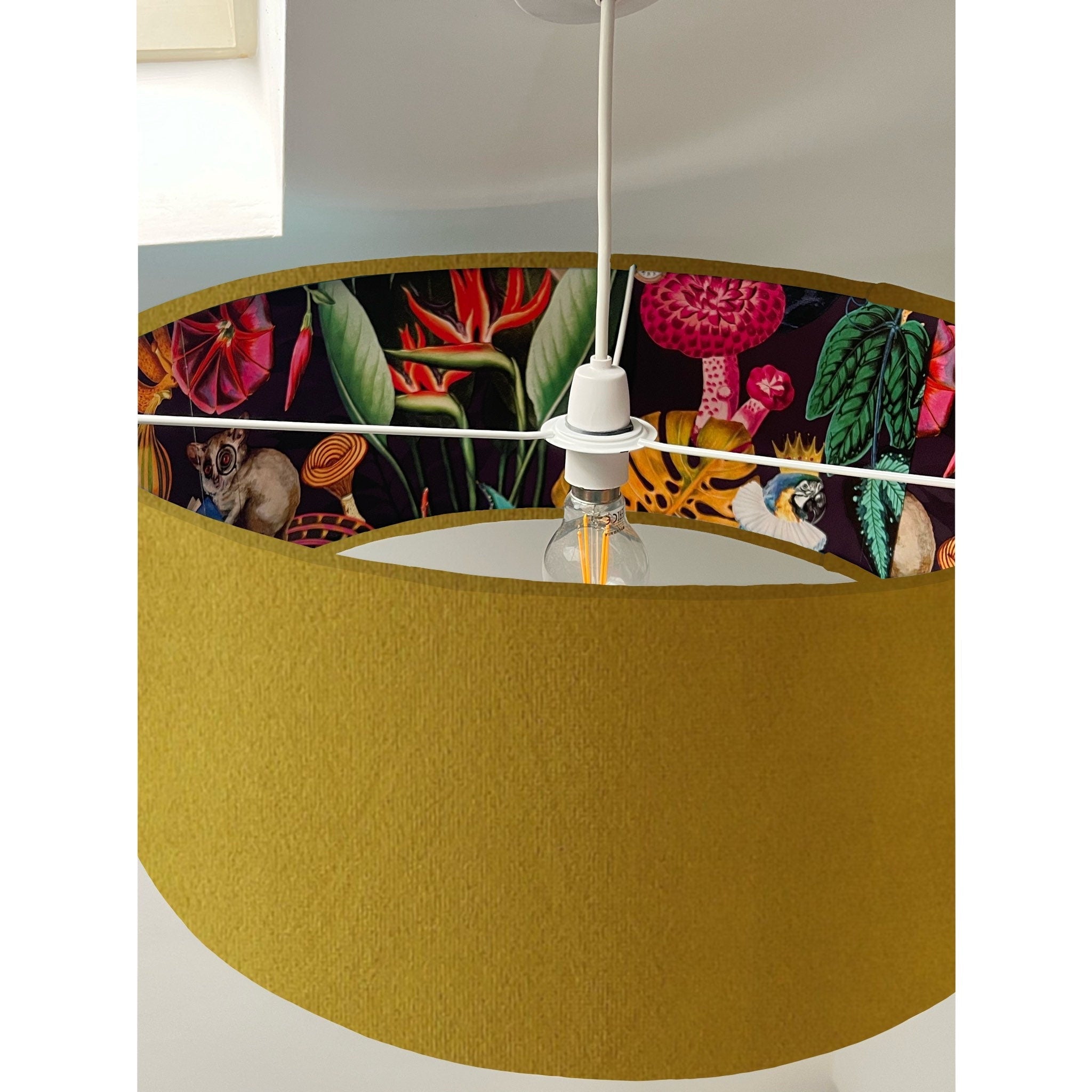 Mustard velvet drum lampshade with 30cm height and tropical wonderland paper interior for ceiling light shade