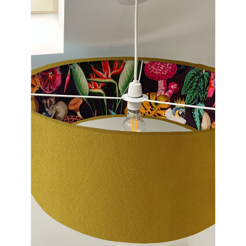 Mustard velvet drum lampshade with 30cm height and tropical wonderland paper interior for ceiling light shade