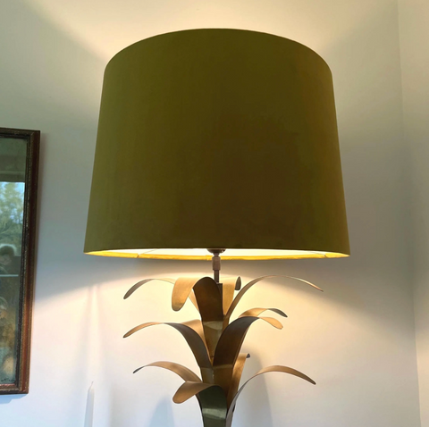 Olive-green velvet french drum lampshade atop a metallic brushed brass pineapple base, bespoke handmade empire style