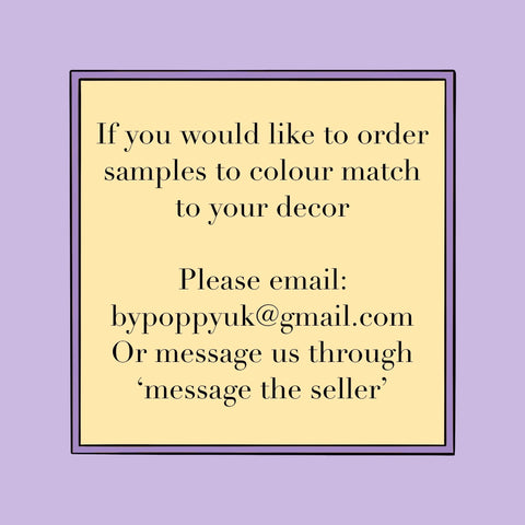A pale yellow sign with purple border for ordering custom samples of mustard velvet double sided ceiling light shade