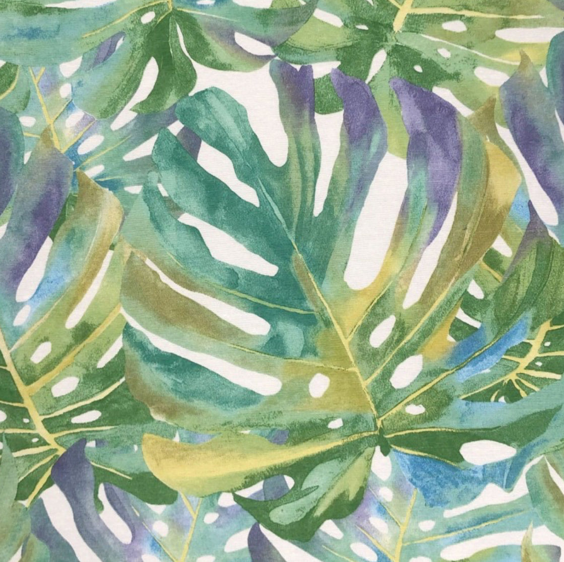 Vibrant double sided ceiling light shade with monstera leaf pattern and mustard velvet trim handmade in uk
