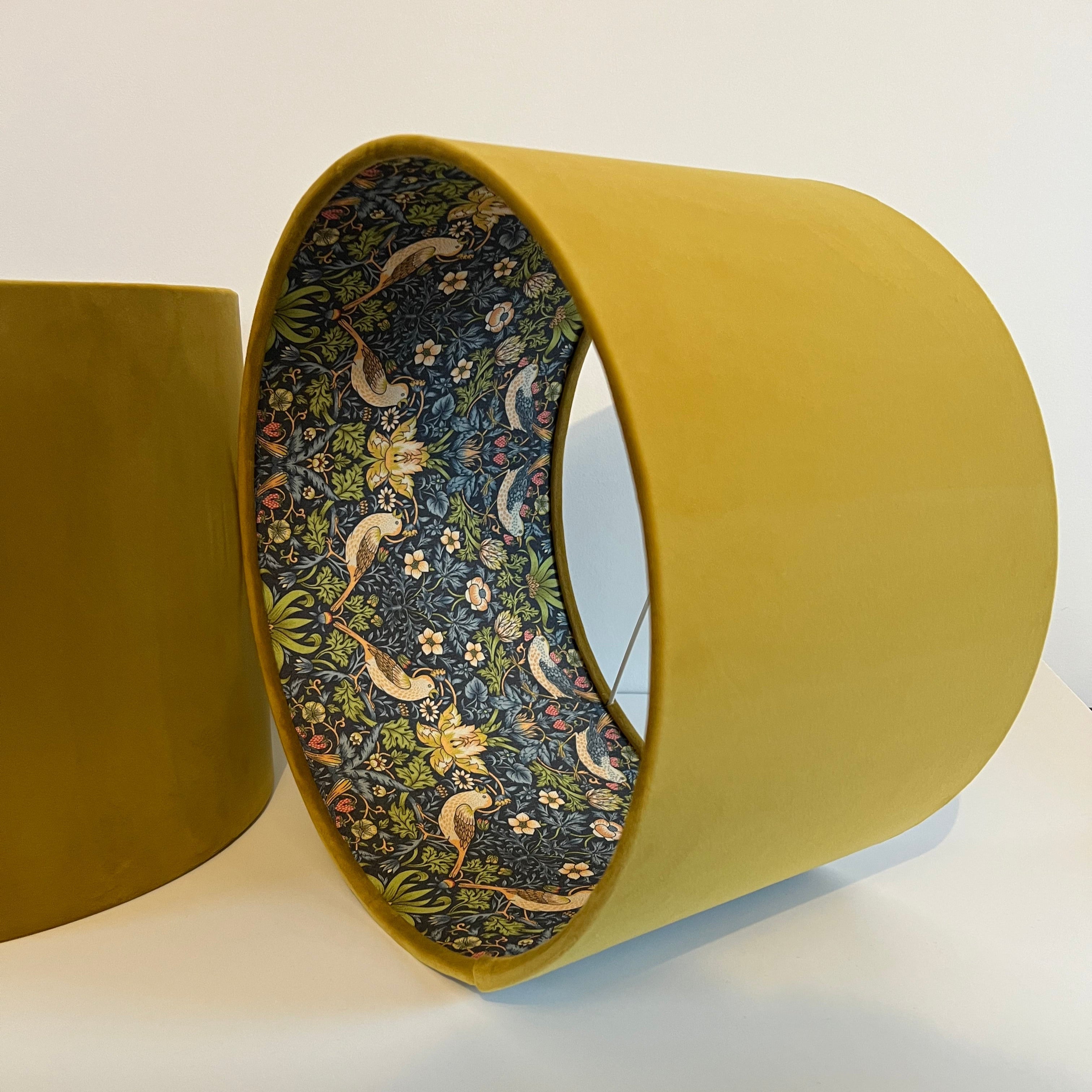 Mustard velvet double sided ceiling light shade with navy strawberry thief bird and flower pattern interior
