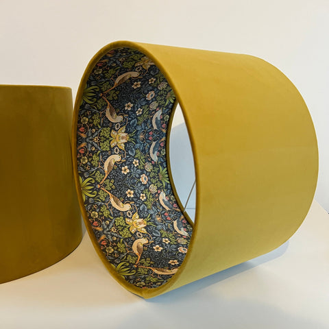 Mustard velvet double sided ceiling light shade with navy strawberry thief bird and flower pattern interior