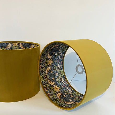 Mustard velvet double sided drum ceiling light shade with intricate bird and floral pattern inside lining