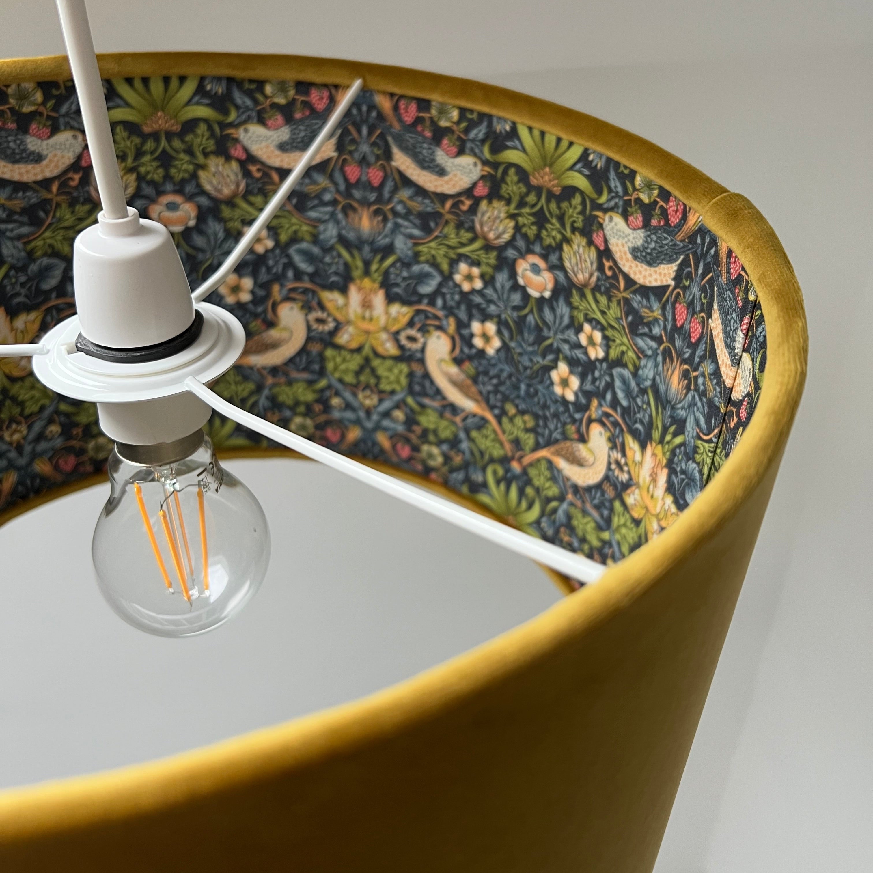 Mustard velvet double sided drum lampshade with dark blue floral and bird pattern for ceiling light shade