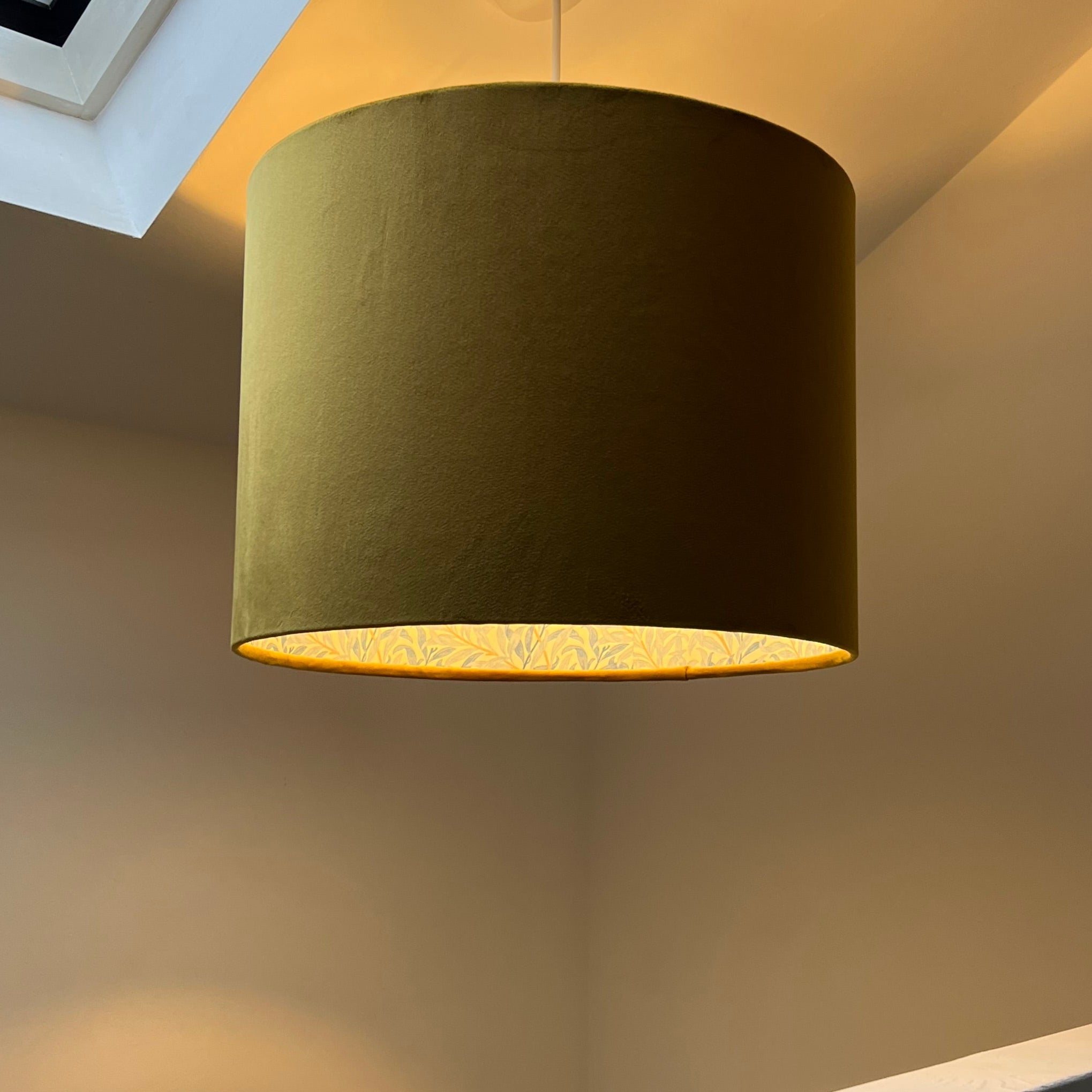 Olive green velvet double sided drum pendant lamp with william morris blue interior ceiling light shade