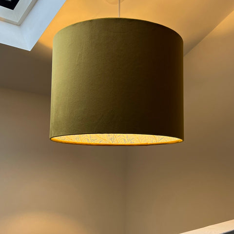 Olive green velvet double sided drum pendant lamp with william morris blue interior ceiling light shade