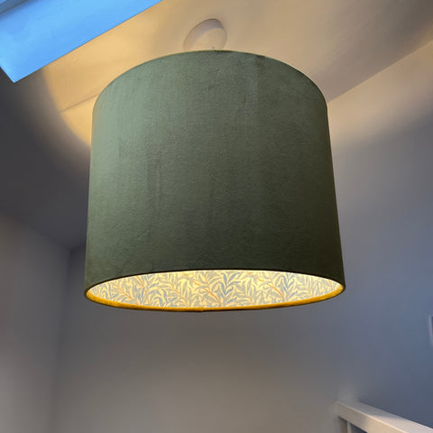 Olive green velvet double sided drum ceiling light shade with gold trimmed william morris blue willow leaves pattern