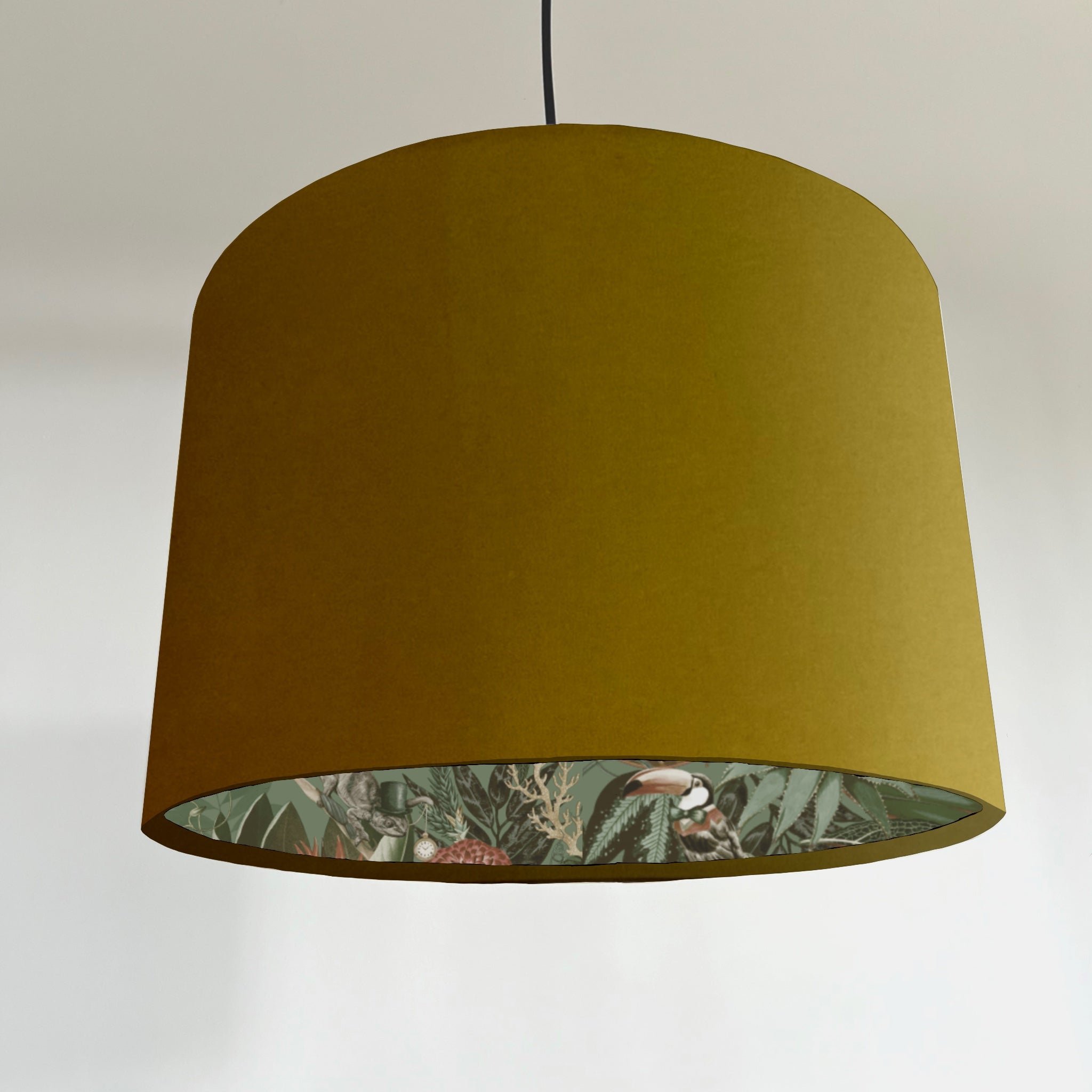 Mustard velvet wonderland drum lampshade with 30cm height olive green velvet exterior and tropical bird pattern inside