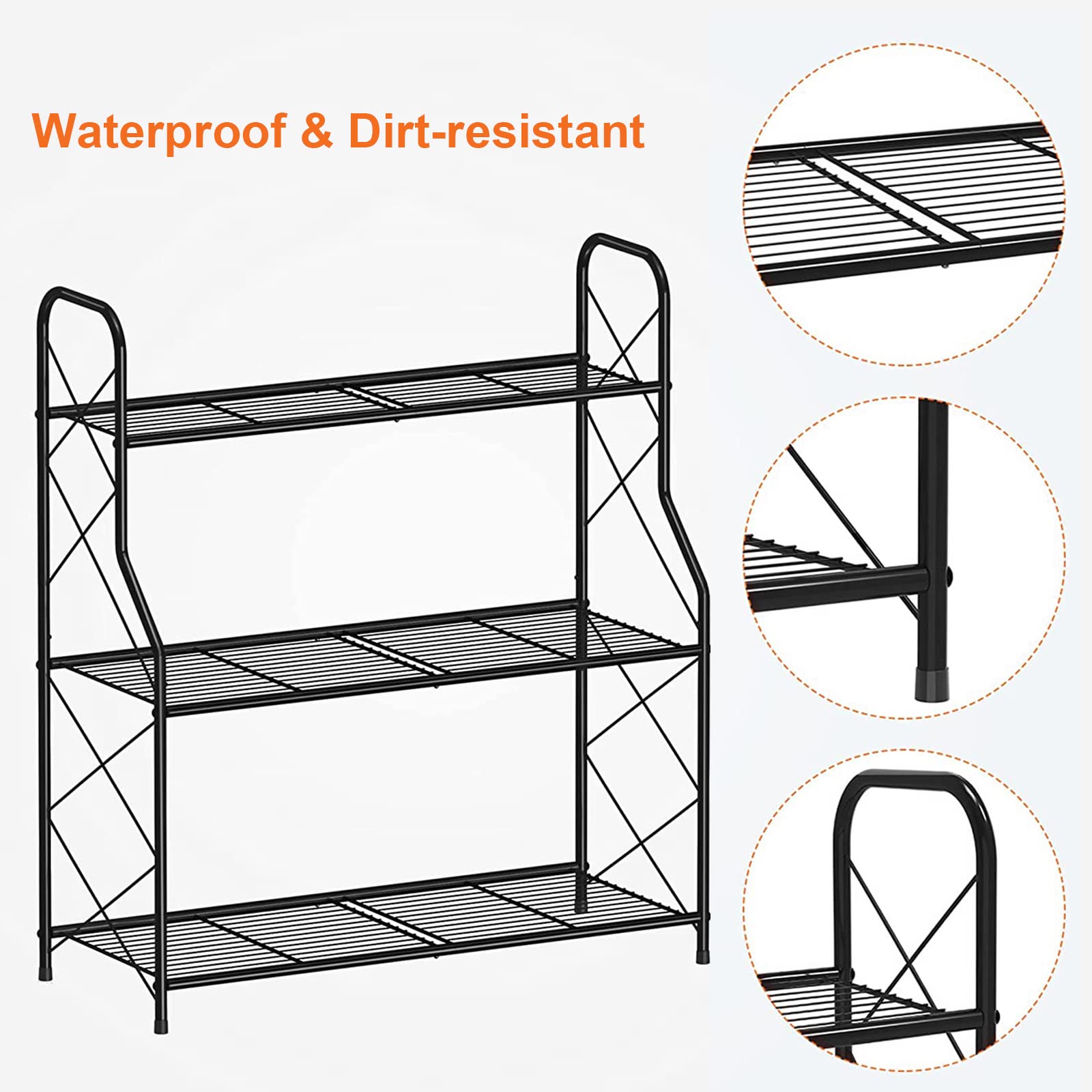 Black metal three-tier plant stand with grid design and curved handles for indoor outdoor use by mutool