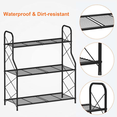 Black metal three-tier plant stand with grid design and curved handles for indoor outdoor use by mutool