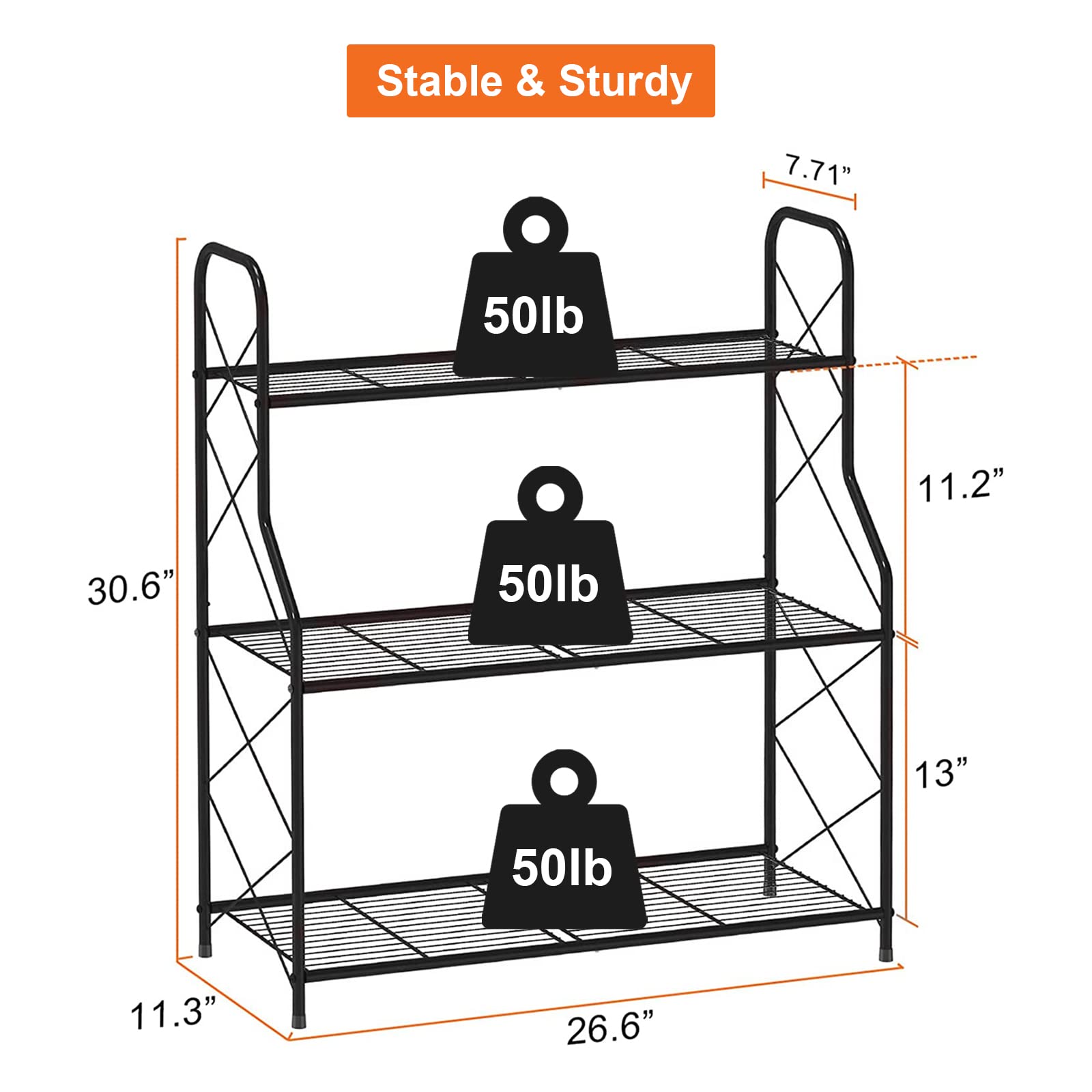 Black metal plant stand with three wire mesh shelves and diagonal support bars perfect for indoor outdoor use