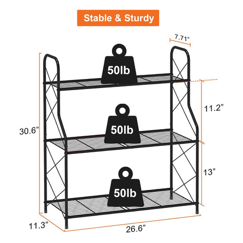 Black metal plant stand with three wire mesh shelves and diagonal support bars perfect for indoor outdoor use