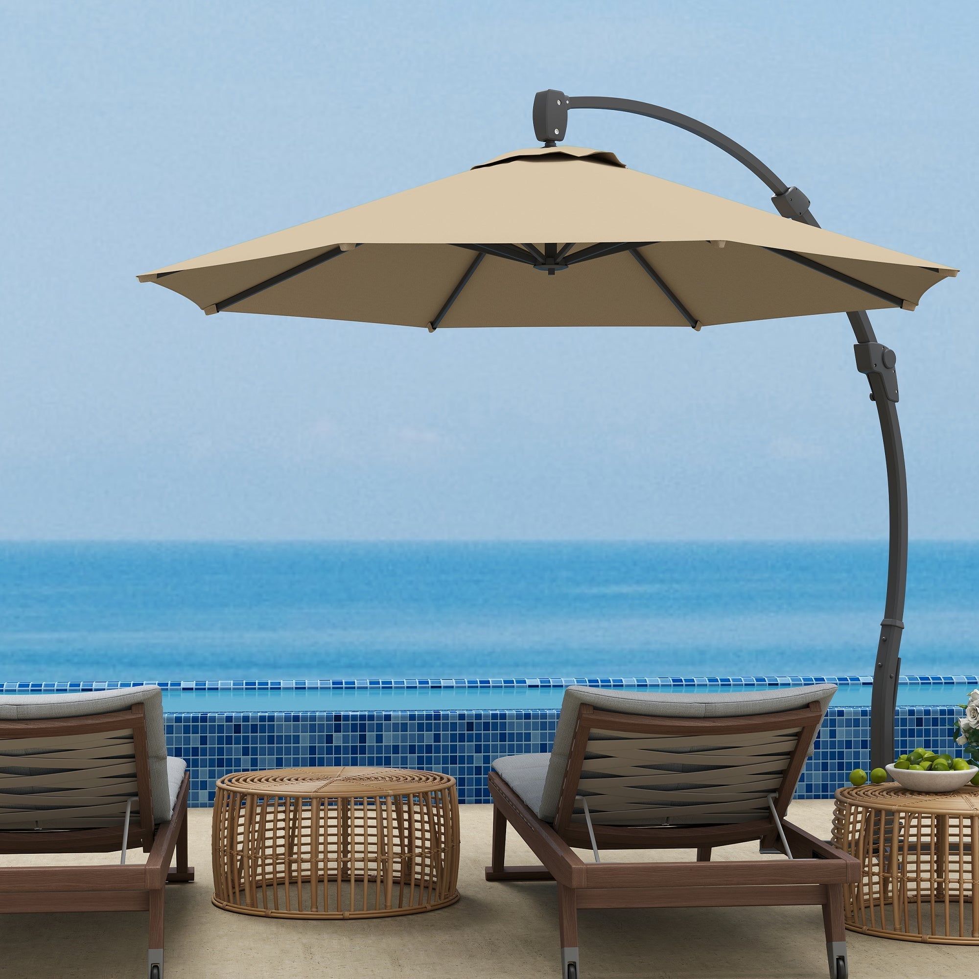 Outsunny 3(m) Garden Cantilever Parasol, Round Overhanging Umbrella with Crank Handle, Cross Base, Aluminium Frame and 360° Rotation, Banana Patio Umbrella for Outdoor Sun Shade, Khaki