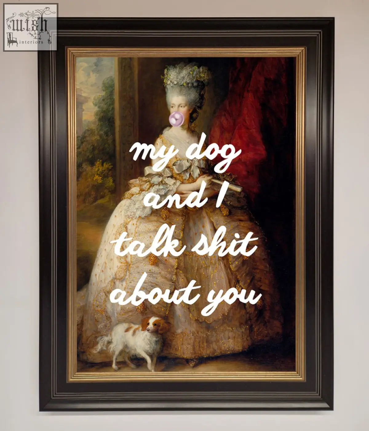 Framed poster of a woman in a gold embroidered gown with a powdered wig and a small dog at her feet with shipping times prior