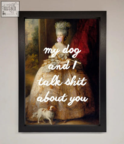 A framed poster of a woman in a gold embroidered gown with a dog at her feet perfect for decor with fast shipping times