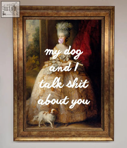 A framed poster of a woman in 18th century attire blowing bubblegum with ornate gilded frame shipping times prior