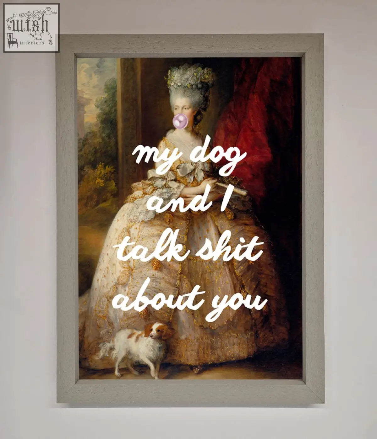 Framed poster of a woman in a gold embroidered gown with a powdered wig and a small dog at her feet with shipping times prior updates