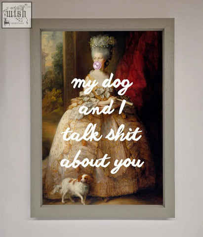 Framed poster of a woman in a gold embroidered gown with a powdered wig and a small dog at her feet with shipping times prior updates