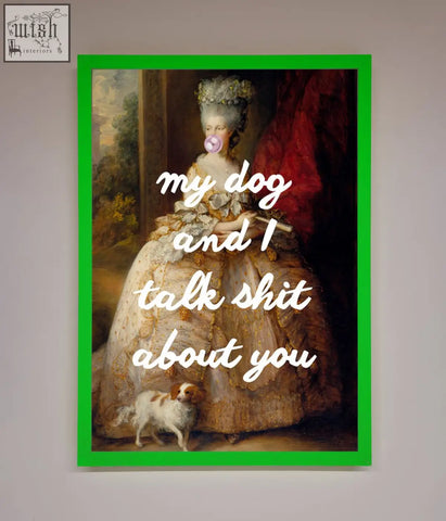 Framed poster of a woman in a gold embroidered gown with a small dog at her feet perfect for quick shipping times prior purchase