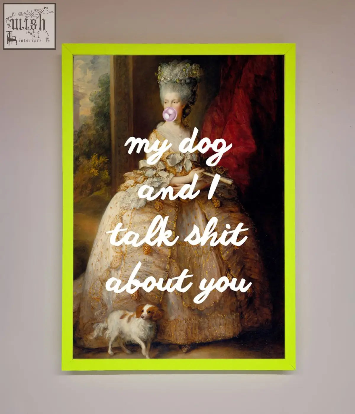 A framed poster featuring a classical woman with a dog and playful text perfect for home decor with fast shipping times