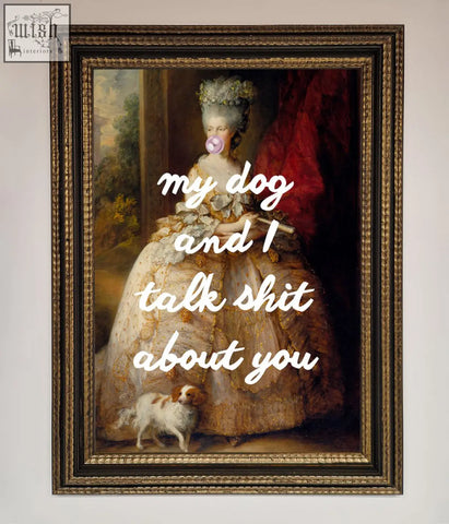 Framed poster of a woman in a gold embroidered gown with a powdered wig and a small dog highlighting shipping times prior
