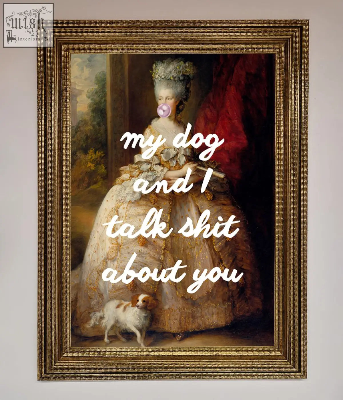 Gold-framed poster of woman in ornate light-colored gown with small dog at her feet ideal for fast shipping times prior