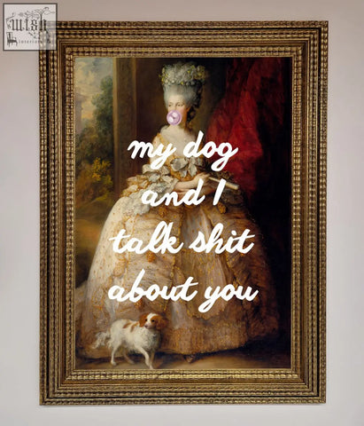 Gold-framed poster of woman in ornate light-colored gown with small dog at her feet ideal for fast shipping times prior