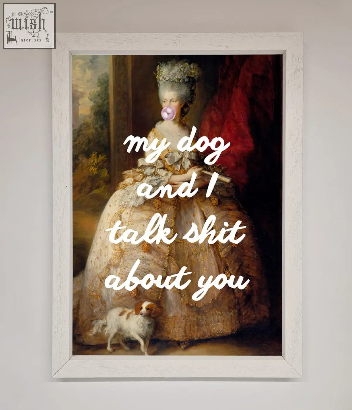 A framed poster of a woman in a light floral gown with a powdered wig blowing a pink bubblegum bubble with fast shipping times