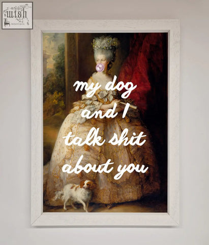 A framed poster of a woman in a light floral gown with a powdered wig blowing a pink bubblegum bubble with fast shipping times