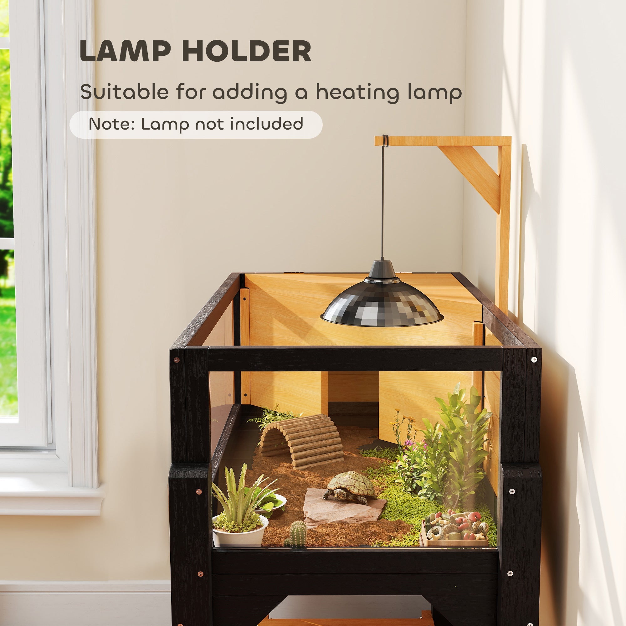 PawHut Wooden Tortoise House with Storage Shelf, Clear Observation Windows, Lamp Holder, Openable Top, Built-in Tray, Yellow