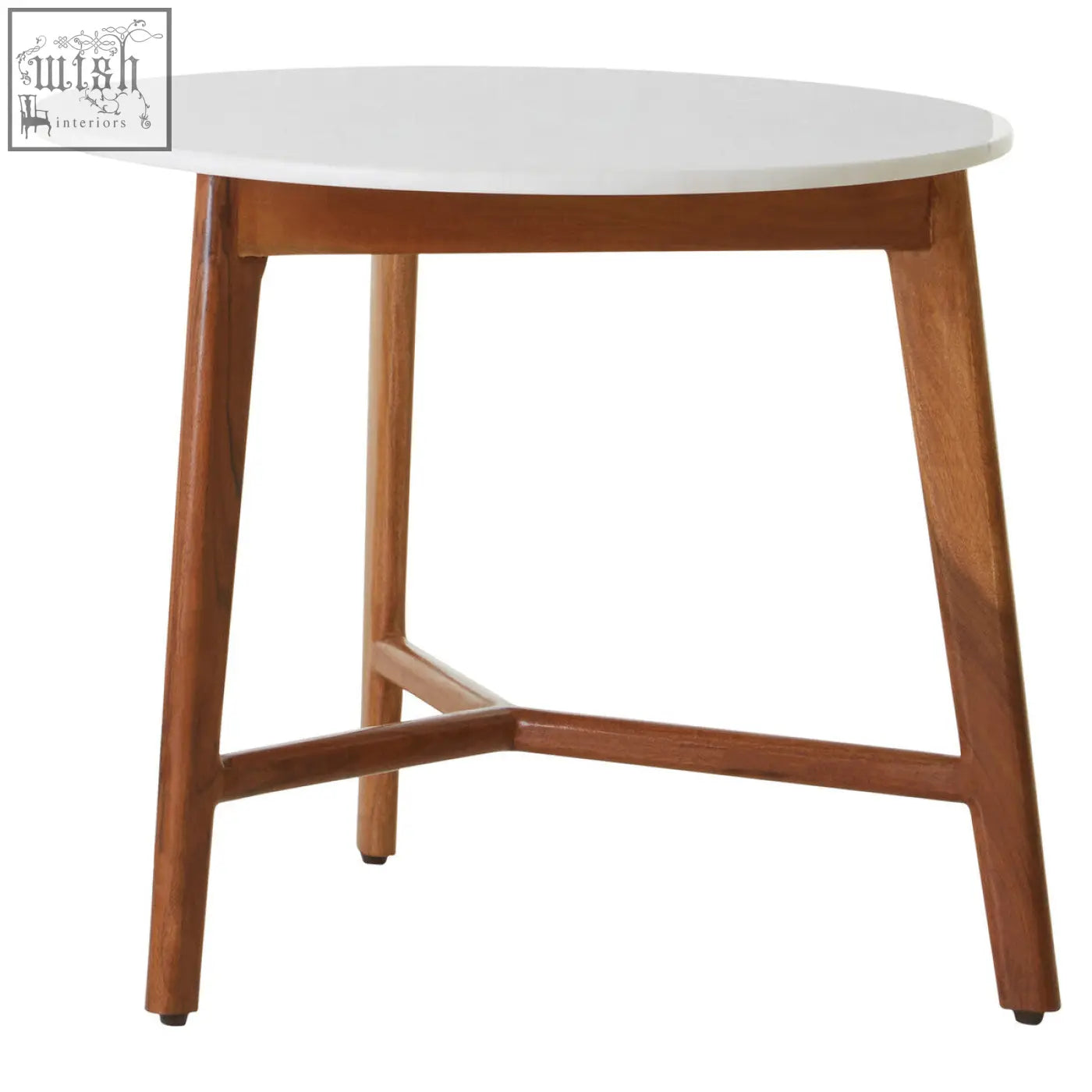Myan acacia wood and white marble round side table with smooth white marble top and warm brown tapered wooden legs