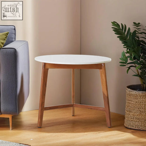 Minimalist myan acacia wood and white marble round side table with white marble round top and light wood legs