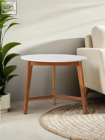 Minimalist myan acacia wood side table with smooth white marble round top and slender wooden legs