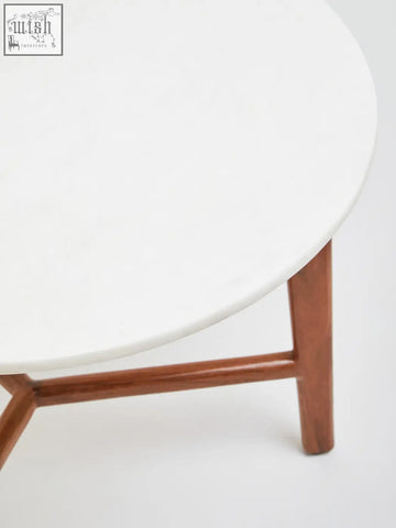 Minimalist myan round side table with white marble round top and warm brown acacia wood legs