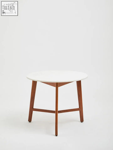 Minimalist myan round side table with white marble round smooth top and warm-toned acacia wood legs