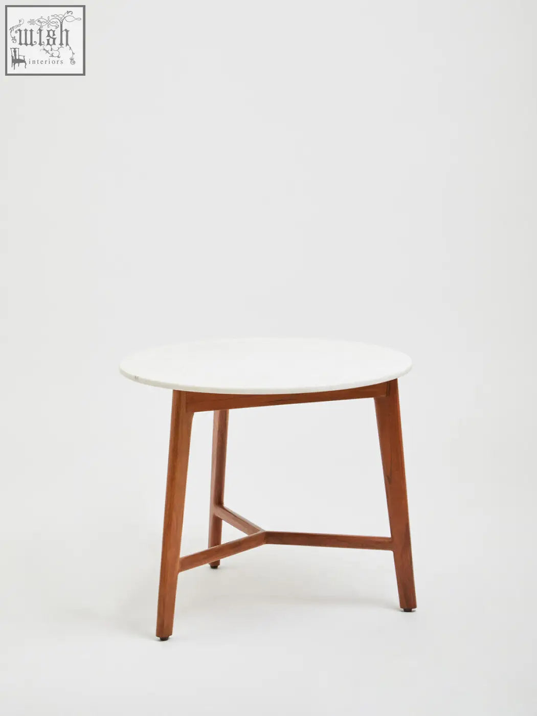 Myan acacia wood and white marble round side table with smooth white marble top and warm acacia wood legs