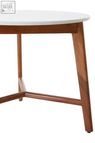 Myan acacia wood and white marble round side table with a smooth white marble round top and warm wooden legs