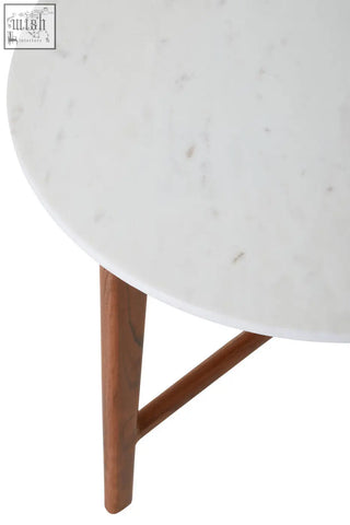 Myan acacia wood and white marble round side table with white marble top and warm-toned acacia wood legs