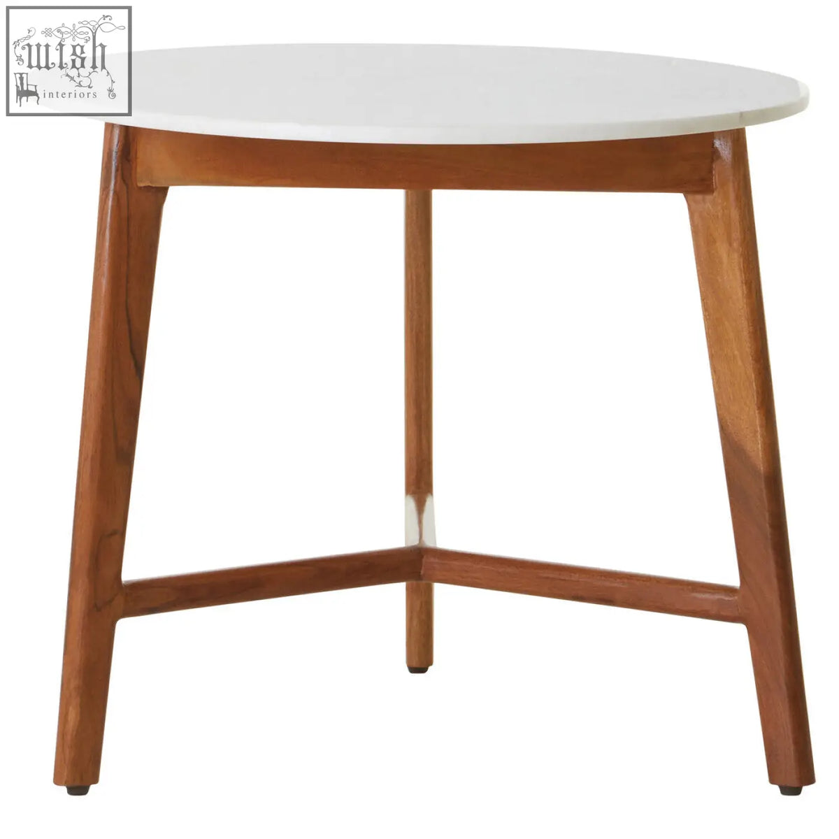 Myan acacia wood and white marble round side table with white marble top and warm acacia wood legs in modern design