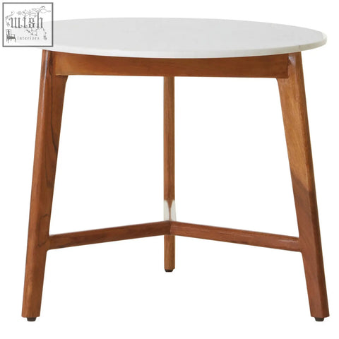 Myan acacia wood and white marble round side table with white marble top and warm acacia wood legs in modern design