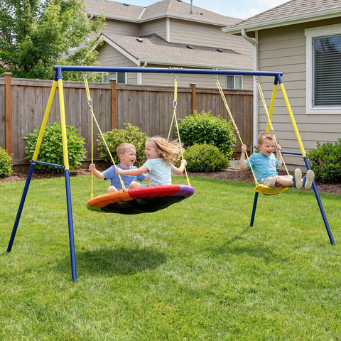 AIYAPLAY Kids Swing Set with Double Swings, Outdoor Playset with Adjustable Ropes, Metal Frame for Ages 3-8, 150kg Capacity