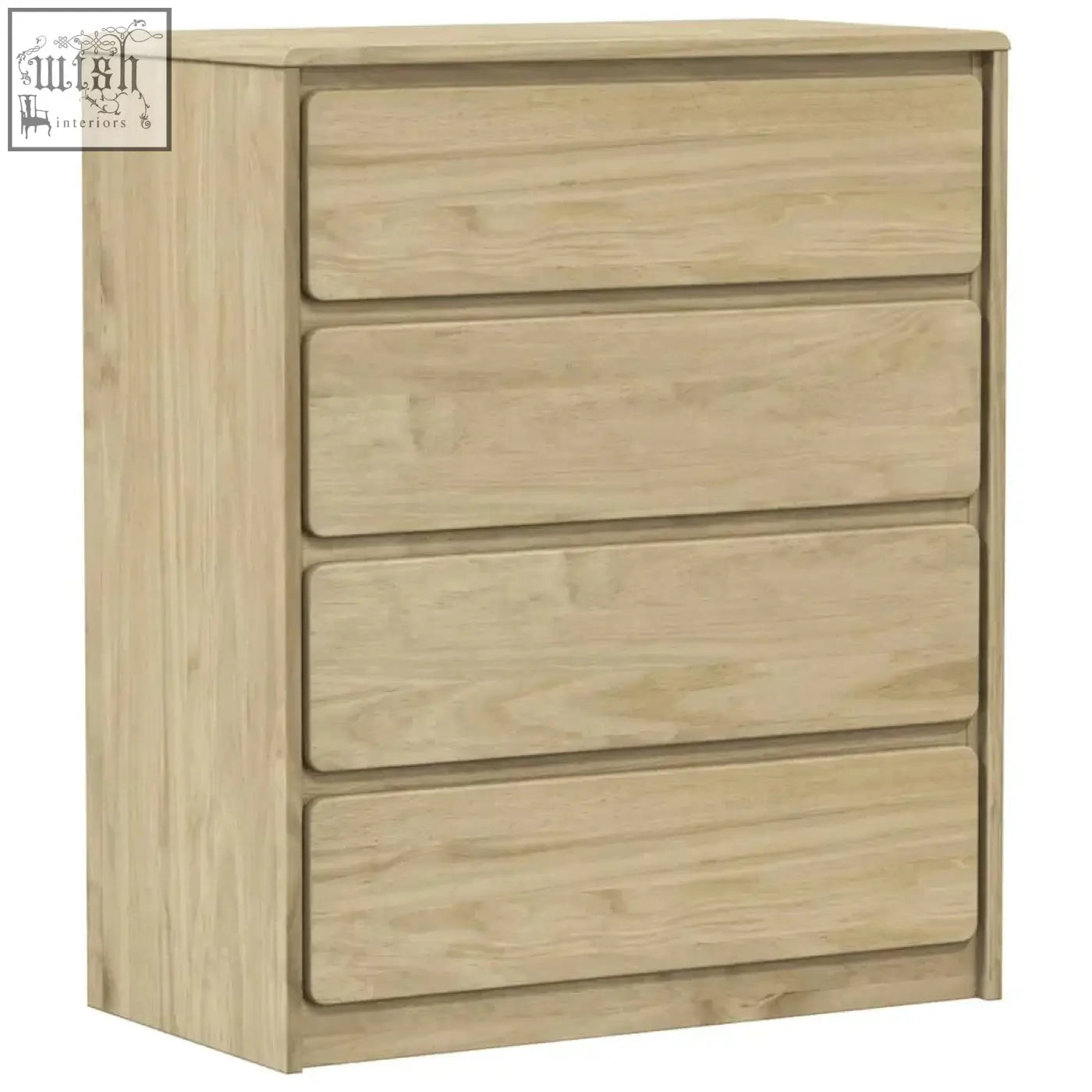 Myrien pinewood light oak-finish solid wood drawer cabinet featuring four spacious smooth rounded-front drawers