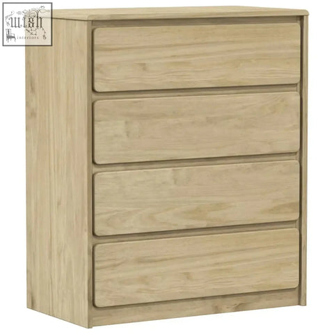 Myrien pinewood light oak-finish solid wood drawer cabinet featuring four spacious smooth rounded-front drawers