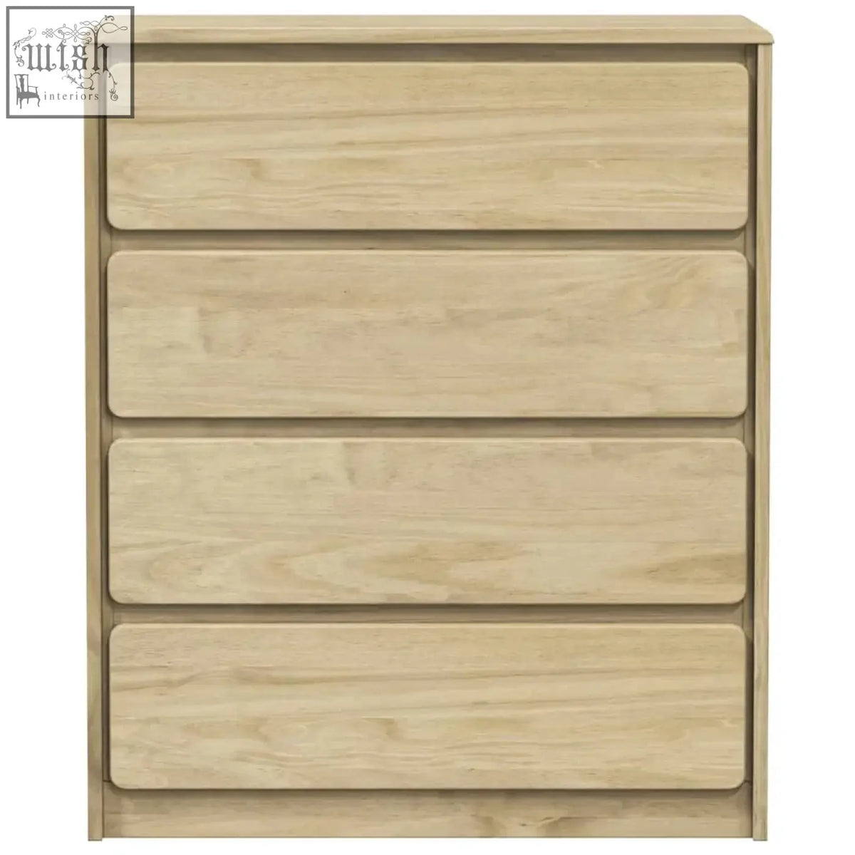 Light oak finished myrien pinewood dresser featuring four spacious solid wood drawers for stylish storage