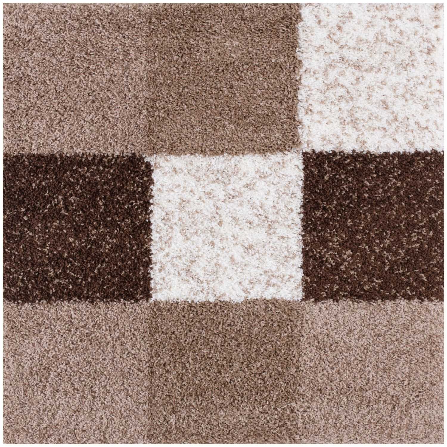 A plush shaggy area brown rug with a cream checkerboard pattern from myshaggy geometric brown collection