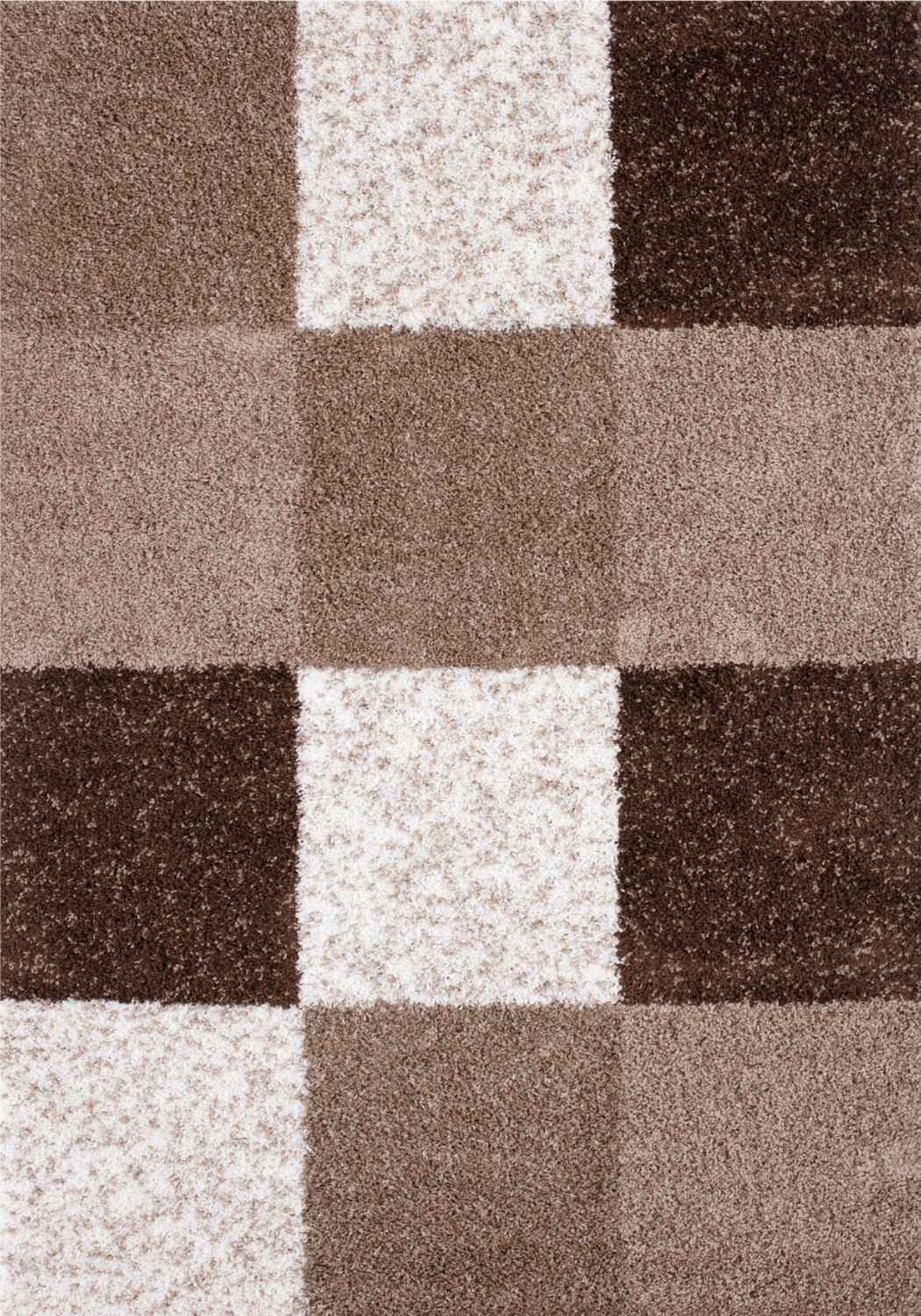 A plush myshaggy geometric brown rug with textured shaggy pile and alternating brown and cream squares