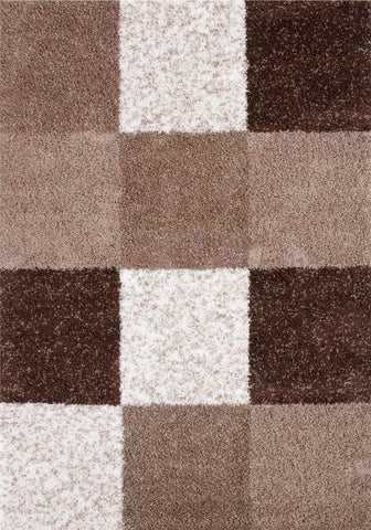 A plush myshaggy geometric brown rug with textured shaggy pile and alternating brown and cream squares
